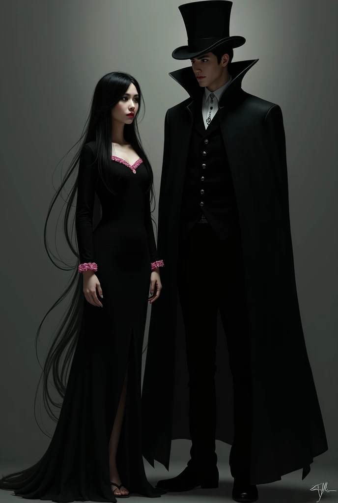   with long black hair wearing a black blouse and a black skirt with a pink border on the side of a tall black man with a black cape and a black top hat