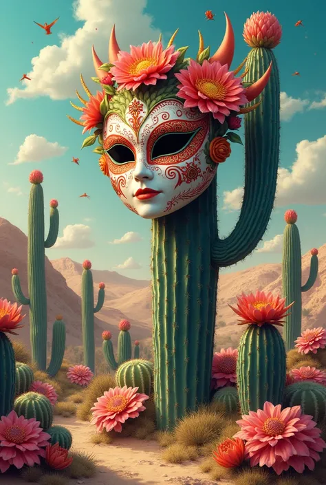 Can you create an image for me with cacti with flowers in the background, hills and a carnival mask