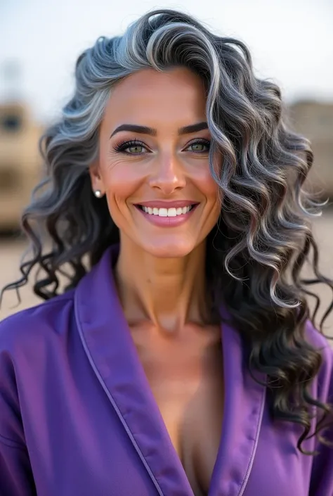 A beautiful youthful looking Israeli woman with a lot of makeup a sexy beautiful youthful looking Israeli as a 50 years old wom an supermodel gray hair in a big curl style style with black highlights her graying hair complements her mature yet youthful app...