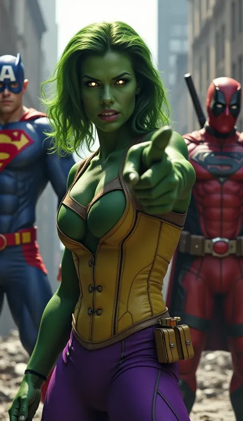 Hulkgirl, pointing firmly at the Joker, her eyes glowing with fury. Behind her, American captain, Deadpool, Superman are ready for action, each displaying their unique powers. The background shows a city in disarray. Realistic image 