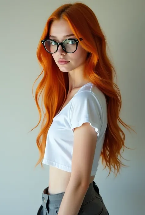 a white girl with blue and green eyes with long copper hair with black and gold glasses With gray cargo pants and white croptop. Side pose facing the side full body