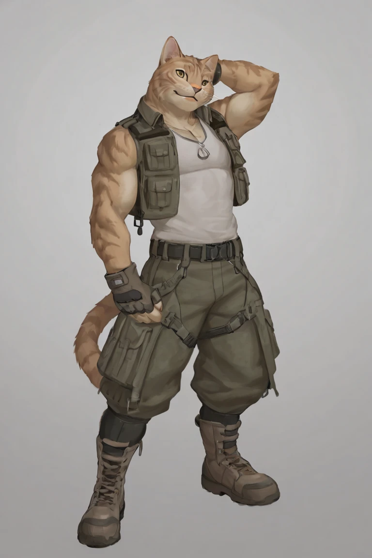 bodybuilder anthropomorphic hunter tabby cat