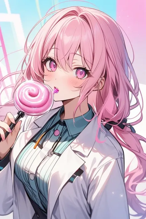 A women scientist with long pink hair and blue strands on the end of hair and pink lipstick and a lab coat and pink eyes and a scientist outfit and she looks uninterestedand she has a lolipop in mouth