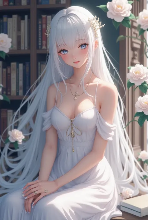 1girl, solo, alone, blue eyes, long hair, white hair, white dress, books, camellia, jewelry,  nail polish, ring, hair ornament, books ornaments, white nails, White hell, masterpiece, best quality, 