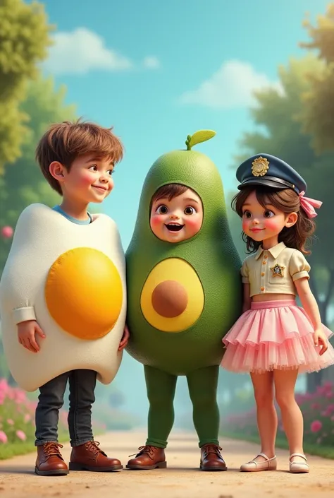 Draw a boy in an egg costume, A boy in an avocado costume, Girl in a police costume, Girl in a ballerina costume
