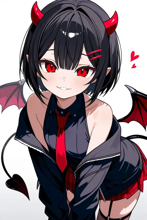 Succubus with long black hair and red eyes, small demonic horns, succubus tail and wings, close mouth, light skin