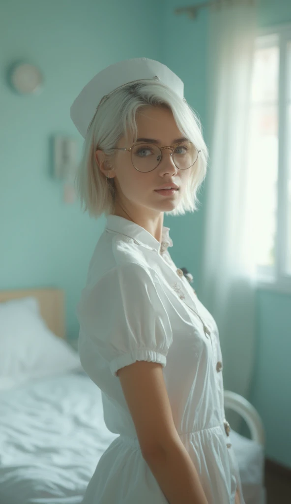 Realistic photo [a woman], [26 years old], [light blue eyes], [thin and slightly upturned nose], [smooth, bright and even skin, with a natural and healthy glow], [short shoulder-length hair with a white tint], She wears round glasses, She is natural, She i...