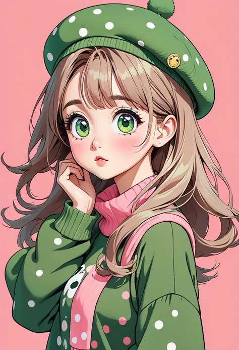 cute girl with big eyes， cartoon style ， tall, long hair ， beret ，Green sweater， pink background ，Dot