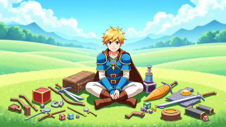 Anime-style illustration with colorful, rich colors and a fantasy game atmosphere. A young guy with short light-brown hair and a friendly smile is sitting in the center. He is dressed in blue armor with gold decorations, white pants and brown boots. A 25-y...