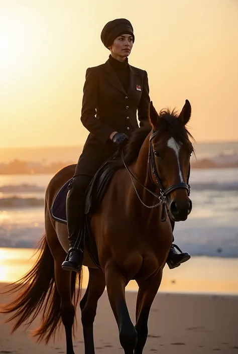 Female Tunisian surety aeroport officer on her horse at sunrise at Chatt Meryem beach in Sousse in winter, black turban, black leather gavroche cap, black blazer, black fitted pants, long train-skirt, black high boots.