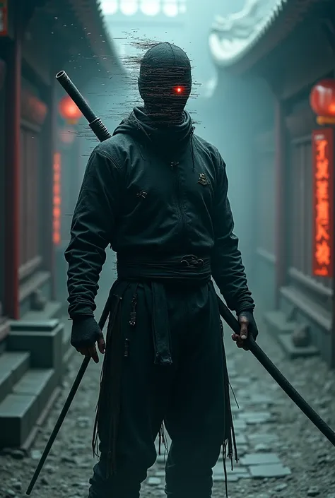 Ninja standing with bo staff at night in china. Their head is glitching. We can't see head because of computer bugs, dust, haze. Distored head and face