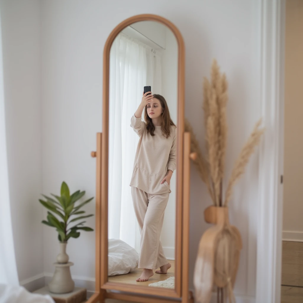 Woman taking a selfie, cute clothing, cotron pajama pants, average looking, standing in front of bedroom mirror