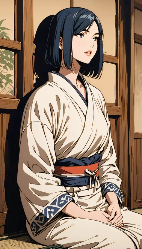 vintage movie, girl, short hair, navy hair, straight hair, woman body, white kimono, tatami, meditating
, hyuga clan, shinobi village, konohagakure, eeys closed, (((perfect lips))), perfect hair