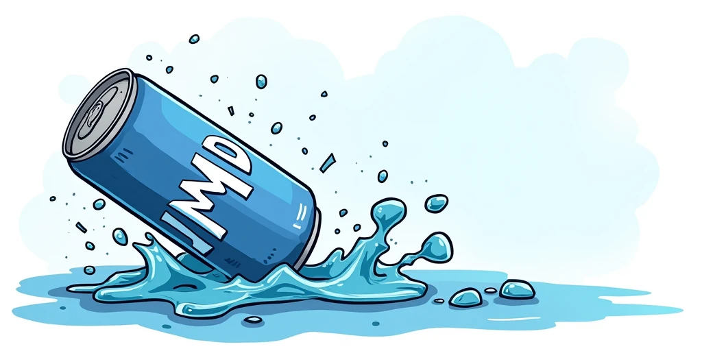 Create a hand-drawn, cartoony-style YouTube banner featuring a blue soda can with the word 'MID' on it as the main focus. The can should be tipped over, spilling soda across the banner in a fun, exaggerated way. The background should have a playful, sketch...