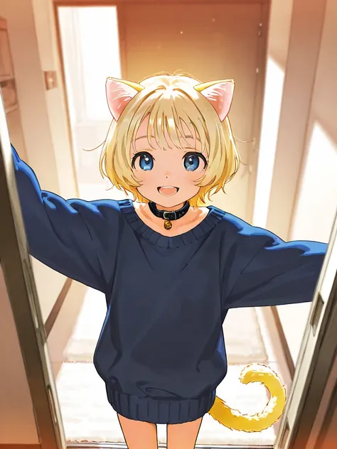 1girl, Short Hair, Blue eyes, Blonde Hair, High Resolution, Cat Ears, Smile, Open Mouth, Collar, Blonde Tail, Oversized sweater, Apartment, Young adult, Evening