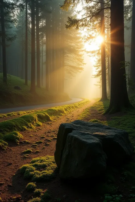 "An early morning scene inside a dense forest, where a large, jagged rock sits in the foreground, bathed in the soft golden light of a rising sun. The warm sunlight peeks through the towering trees, casting long shadows across the moss-covered ground. A wi...