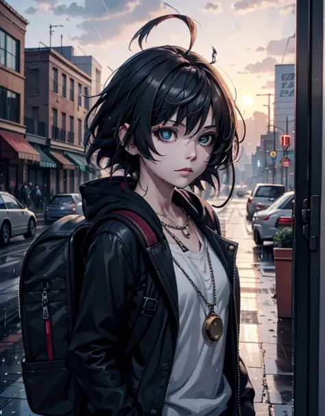 1girl, jacket, rain, outdoor, hoodie, open jacket, chain, backpack, looking at another, messy hair, trending on artstation, 8k resolution, highly detailed, anatomically correct, sharp image, digital painting, concept art, trending on pixiv, style of makoto...