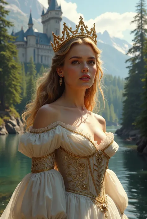 Create actress Lily James wearing a princess dress,  wearing a queen's crown , with a castle in the background, Where there is also a forest and a river