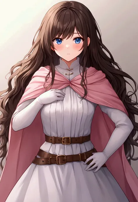 age girl with delicate features, thin but cute face, light fair white skin with a slight blush, glowing light blue eyes, extremely long dark brown hair, loose hair, wearing a light pink and white medieval warrior suit, the main costume is a short light pin...