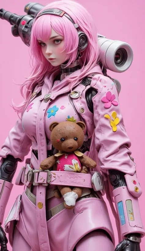  cute  robot holding a teddy bear .  colorful flower pattern on the body ,  equipped heavy beam-gatling-gun at back ,  kawaii mood .  Joints and body spaces shining in pink.. hardcore machine .  most recent anime style ,cute pop background,High gloss.vivid...