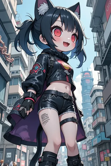 (masterpiece, top quality:1.2),perfect body,solo,a cute evil punk cat girl,/(big eyes,red eyes,circle pattern of her eyes,details of eyes,fluffy black cat-ear,black hair,twin tails hair,pale skin,simple cyber punk clothes,casual style),she looks up the ver...