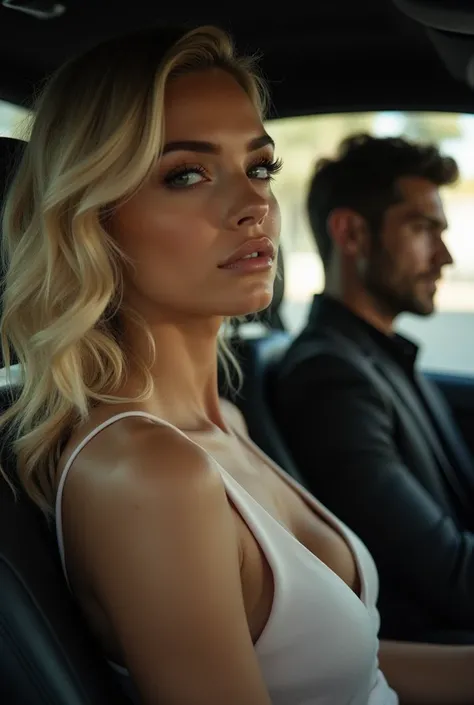  Make me an image of a rich, pretty blonde woman in the back seats and a man behind the wheel who is handsome, black haired and colored eyes..  May the image convey hate, Love and Resentment. The one looking at her through the rearview mirror