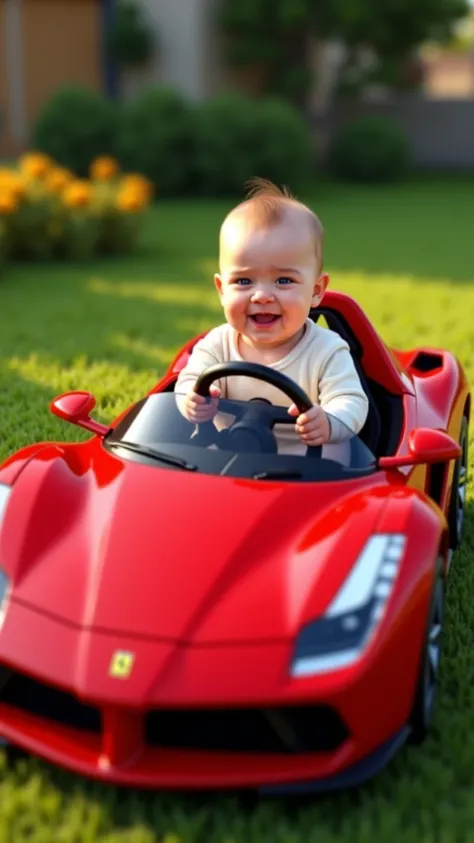  Create an ultra-realistic 8K image of a baby smiling and playing inside a mini red Ferrari.  The baby must be adorable , with an expression of pure joy,  wearing a comfortable jumpsuit ,  perhaps with subtle details such as famous brand logos .  The mini ...