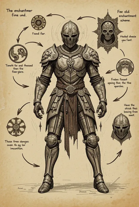 2d drawing, concept sketch, hand drawing, old scheme, enchanting process, how to enchant armor, hand-drawn arrows and annotations