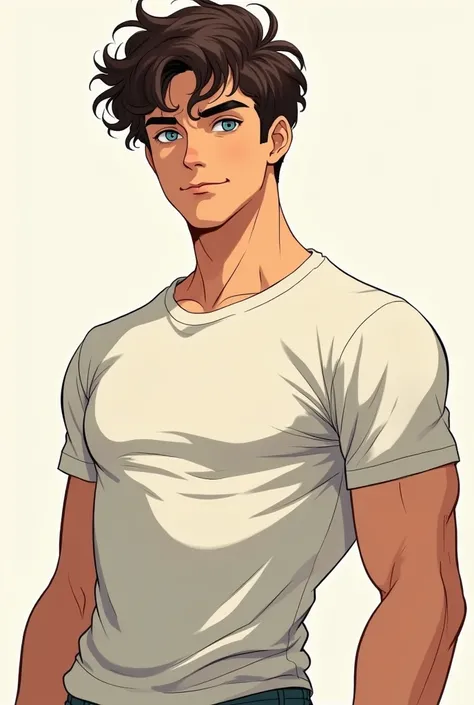 “A 20-year-old young man with a semi-muscular build, illustrated in a manga style. He has short, dark brown, curly hair and striking blue eyes with detailed shading for depth. His skin is beige with smooth, clean linework and subtle highlights. He strikes ...