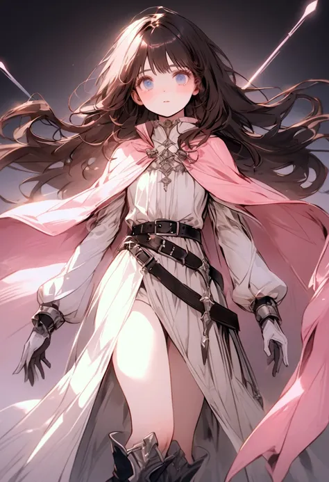 age girl with delicate features, thin but cute face, light fair white skin with a slight blush, glowing light blue eyes, extremely long dark brown hair, loose hair, wearing a light pink and white medieval warrior suit, the main costume is a short light pin...