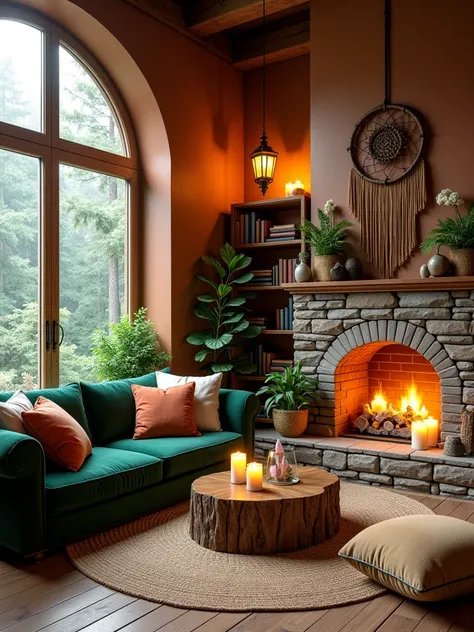   A cozy and magical living room, designed as a warm woodland retreat with panoramic views of nature. The walls are textured in warm clay tones, interwoven with wooden beams and niches filled with glowing crystals and potted ferns. Large floor-to-ceiling w...