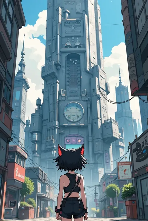 (masterpiece, top quality:1.2),perfect body,Alone,a cute evil punk cat girl,/(fluffy black cat-ear,black hair,twin tails hair,pale skin,simple cyber punk clothes,casual style),she looks up the very tall futuristic building,complex building,Composition of l...