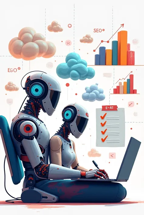 A futuristic robot and a human writing together on a laptop, surrounded by SEO elements like keyword clouds, rising graphs, and a checklist labeled 'E-E-A-T'. Digital art, vibrant colors, minimalist style."