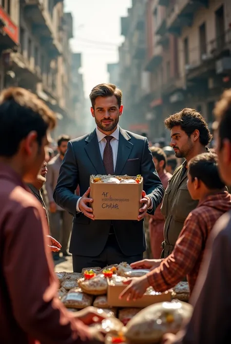 Gesture of charity .  Rich man distributes food to the poor