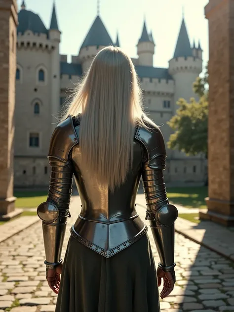 a masterpiece wide-shot photo from behind of Lumi in the courtyard of a castle. Lumi is a 40 yo woman, slim with a flat chest, long silver-dyed hair parted in the middle and green eyes, wearing a full set of medieval plate armor. She is walking away from t...