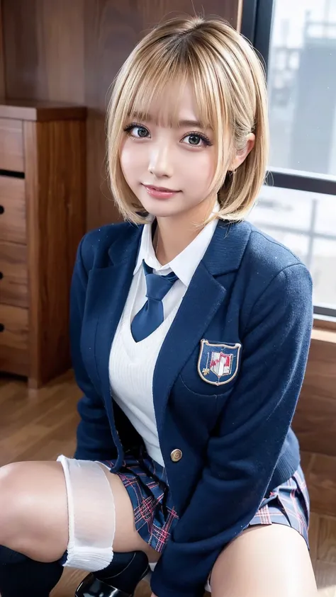 (( Masterpiece,  top quality,  high resolution,  super high heels)),  Japanese High School Girls,( is present:1.5)、 smiles、great face、 Closed Mouth、 sharp mouth、Glossy Lips 、 short hair,(Beautiful blonde:1.5)、 High School Uniforms,( navy blue blazer, tie, ...