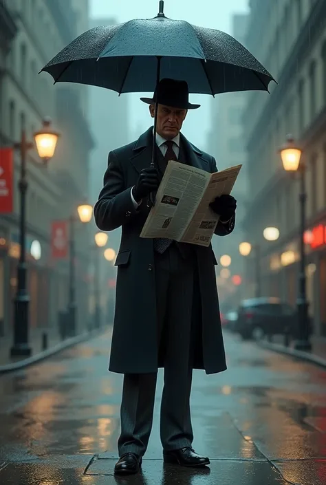 With te same style A gentleman standing calmly in the rain, holding an umbrella and reading a newspaper.