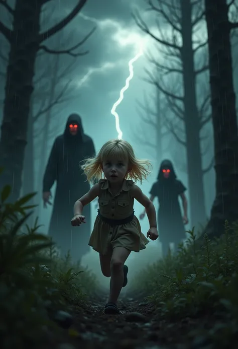 A small blonde girl running in the night, chased by monsters, vampire, witch, woman, strange in the forest, night with storm and rain, (best quality,4k,8k,highres,masterpiece:1.2),ultra-detailed,(realistic,photorealistic,photo-realistic:1.37),detailed eyes...