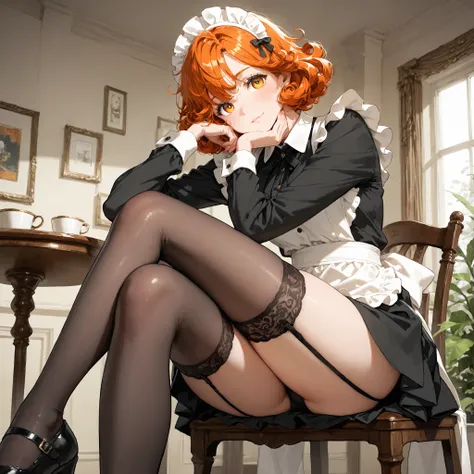 1 woman,messy orange short curly hair, yellow-eyed,selfless fixed gaze,with a maid's suit with straps,  short skirts, thigh-length stockings,waiting sitting on a table with her legs crossed,Hand on chin,Luxury apartment scenario,sunny day