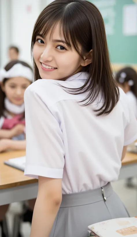 Butt、Buttの割れ目、 no panties、Nagahama_black, This image、 is a portrait of a young woman with dark hair and bangs extended to her shoulders.  she's smiling big  、masterpiece,best quality,depth of field, 1girl ,smile,pointy hair,Alone,shirt,bow,white shirt,scho...