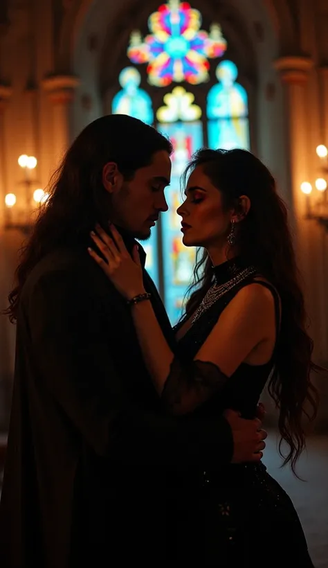 A passionate couple in a gothic castle, wrapped in shadows and candlelight. The woman, with striking makeup and dark red lipstick, holds her lover's face with intensity. He, with long hair and dark clothing, gazes at her with devotion. The scene exudes pas...