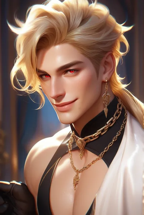 Man Handsome Beautiful Boy Blonde Earrings Wearing Chains Red Eyes Smiling High Definition High Quality Golden Hair Hanging Hair On One Side Of His Hair Hanging His Ears Wearing An Elegant Suit Wearing Black Gloves With His Arms Crossed, Clear Eyes, Nose, ...