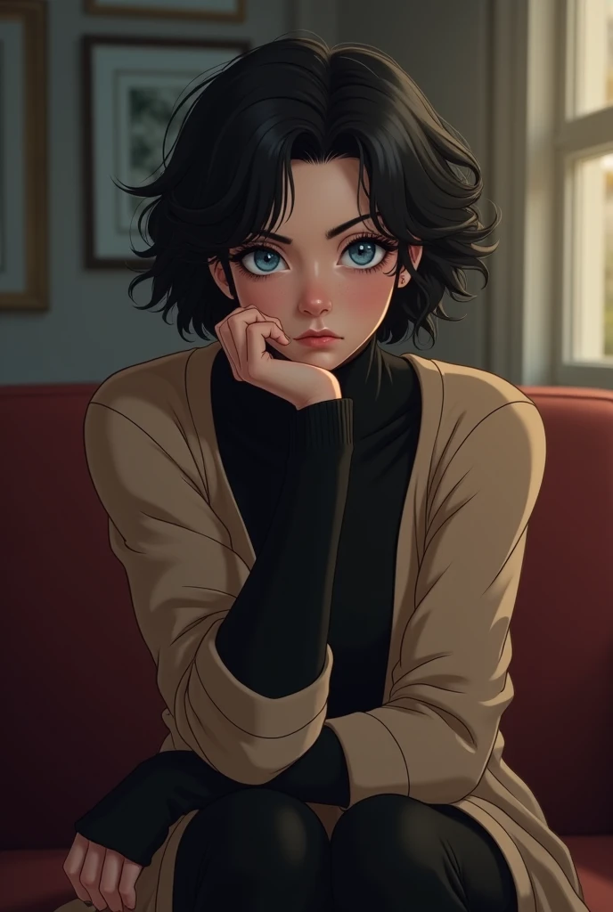  man. 2D image style. but the background is realistic. Black short wavy hair, blue eyes.  It is located in the old office,  sitting on the sofa , with her chin on her hand .  Facial expression serious , dark . Black sweater,  and a long beige cardigan. The...