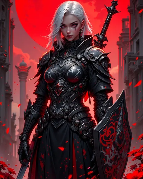 A digital painting in the style of ck-js, nistyle, a turkish mature female paladin commander. White hair, Dark skin, Gothic makeup, eyeliner, eyeleashes, Black lips, white graffiti in black Full plate armor,  standing in fortress, holding up a sacred Aveng...