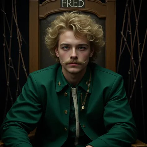  realistic. Homme européen aux cheveux blond et aux yeux bleus avec une moustache et une grosse barbe. Sitting on a throne with “Fred” written on it. Dans un costume vert avec des grosses araignées partout autour.  dark atmosphere . 