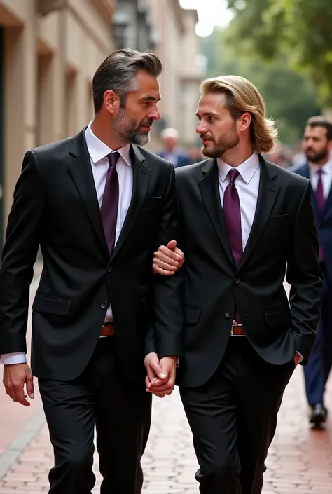  Tall and muscular Arab man ,  with slightly gray hair and slightly gray beard , dressed in a black two-piece suit,  black shirt and white silk tie , affectionately holding the arm of a young blond man with long hair brushed backwards,  with beard and stur...