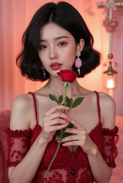 Korean girl, 20 years old, dresses cutely. cute black hair Dress up in a sexy, elegant Valentine's Day theme, pose and hold a rose.
