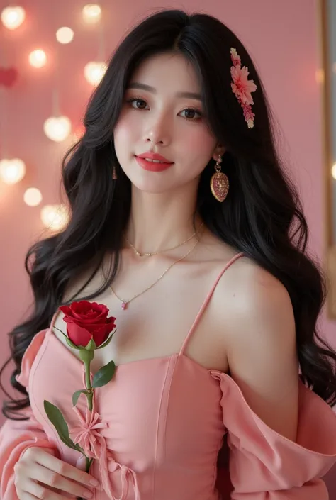 Korean girl, 20 years old, dresses cutely. cute black hair Dress up in a sexy, elegant Valentine's Day theme, pose and hold a rose.
