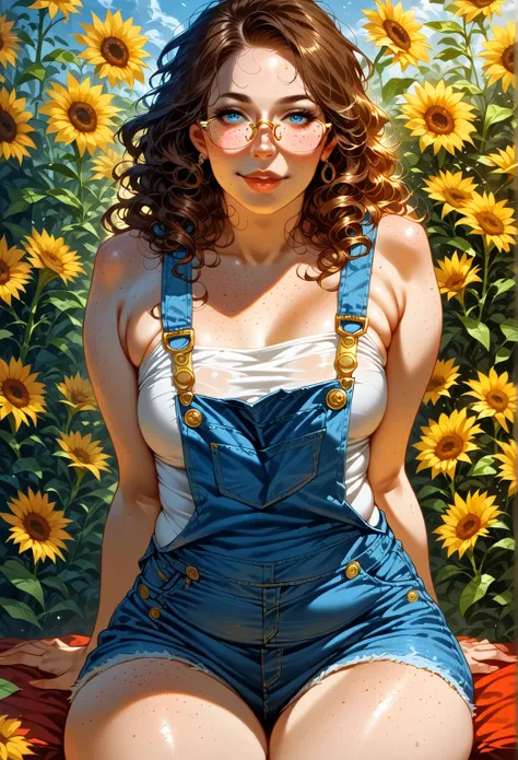 sunflower background, solo, 1woman, ((pale skin)), ((freckles)) small breasts, curvy hips, thick thighs, brown hair, long curly hair, blue eyes, innocent eyes, overalls, sitting, hip focus, mature, ((chubby)), septum ring, ((one buckle overalls)), golden b...