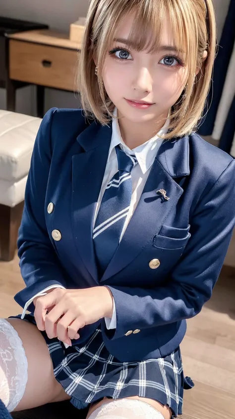 (( Masterpiece,  top quality,  high resolution,  super high heels)),  Japanese High School Girls,( is present:1.5)、 smiles、great face、 Closed Mouth、 sharp mouth、Glossy Lips 、 short hair,(Beautiful blonde:1.5)、 High School Uniforms,( navy blue blazer, tie, ...